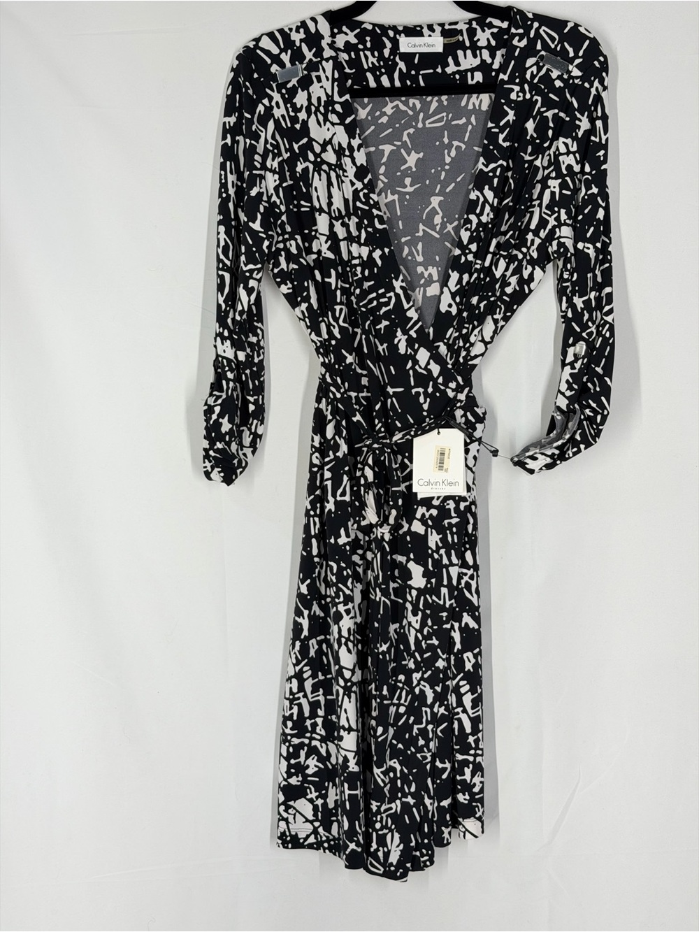 Calvin Klein Black and White Abstract Wrap Dress with Tie Waist